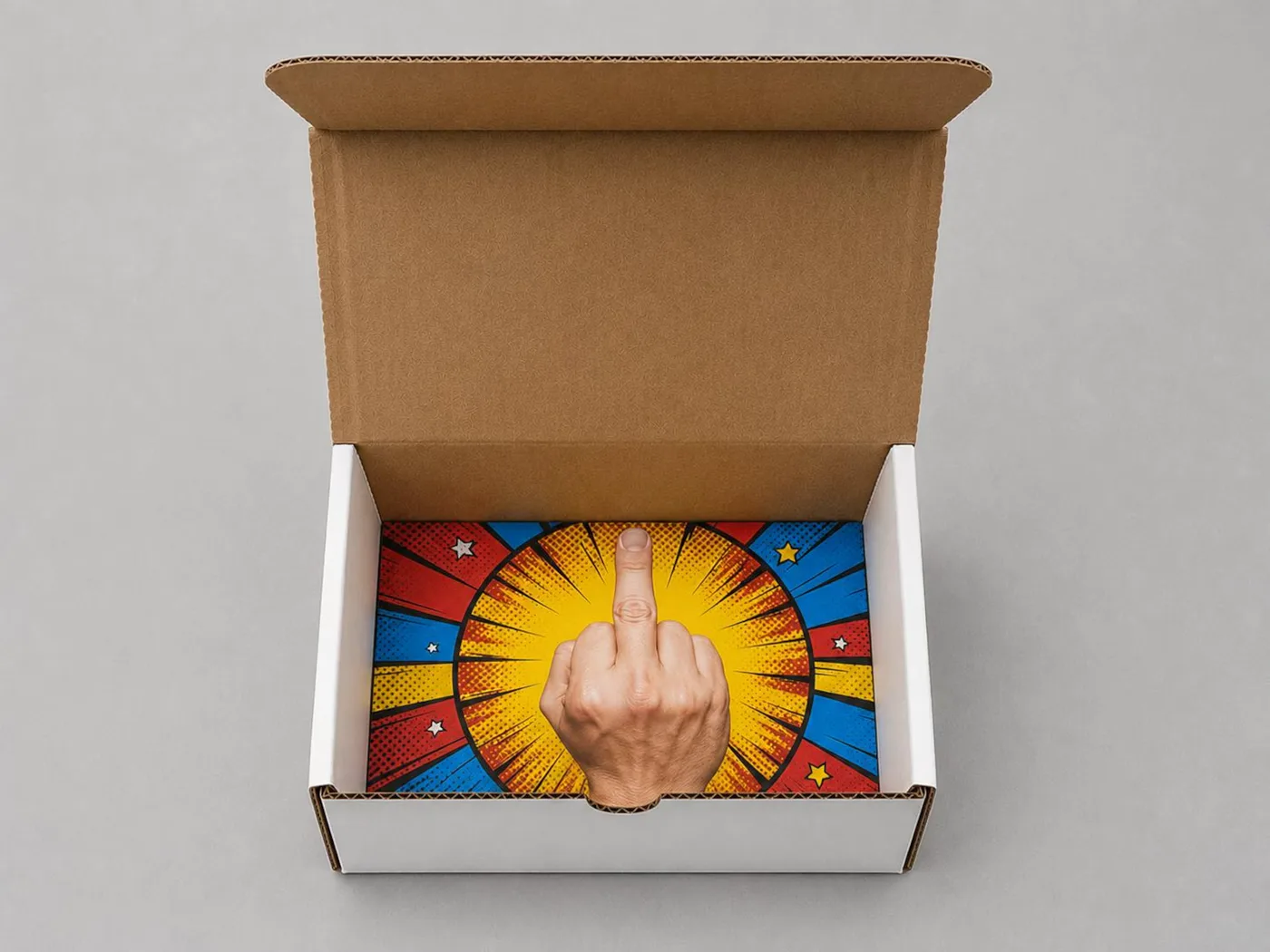 Your white mailer box with an open kraft-brown lid