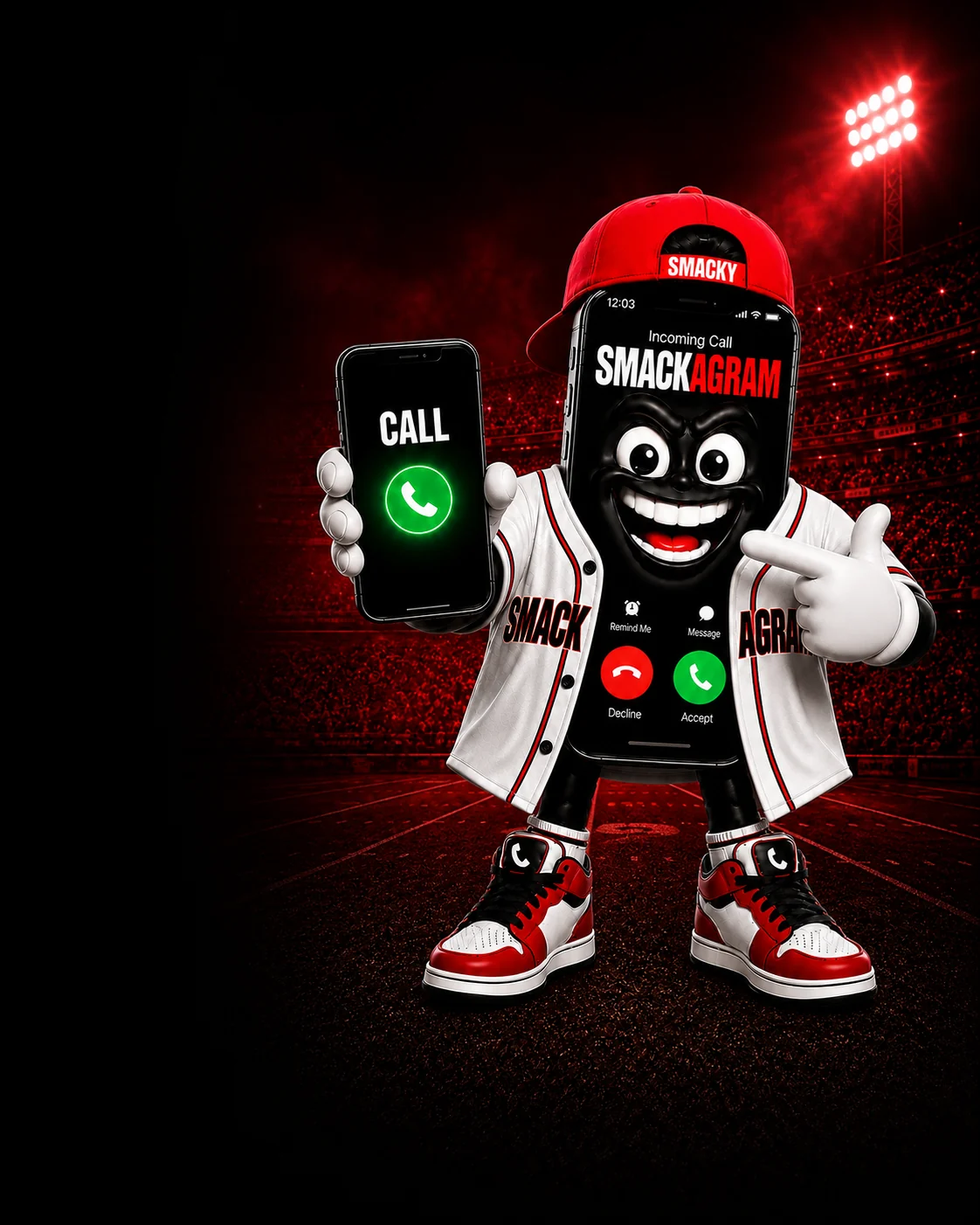 Smacky, a phone-headed mascot in a Smackagram jersey, standing in a stadium and pointing at a phone showing an incoming call
