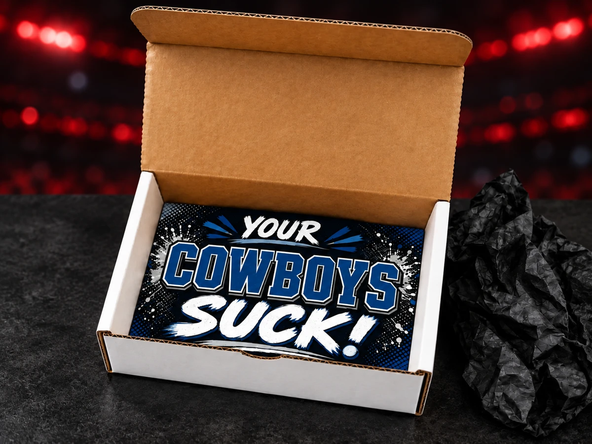 Open white prank mail box with Cowboys roast inside and black tissue beside it