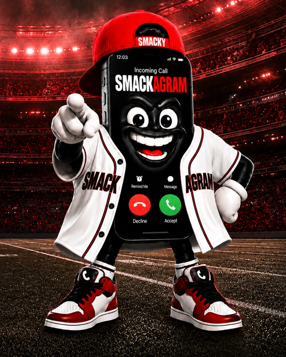 Smacky - a phone-headed mascot in a Smackagram jersey, pointing at you from a stadium, his screen reading Incoming Call: Smackagram