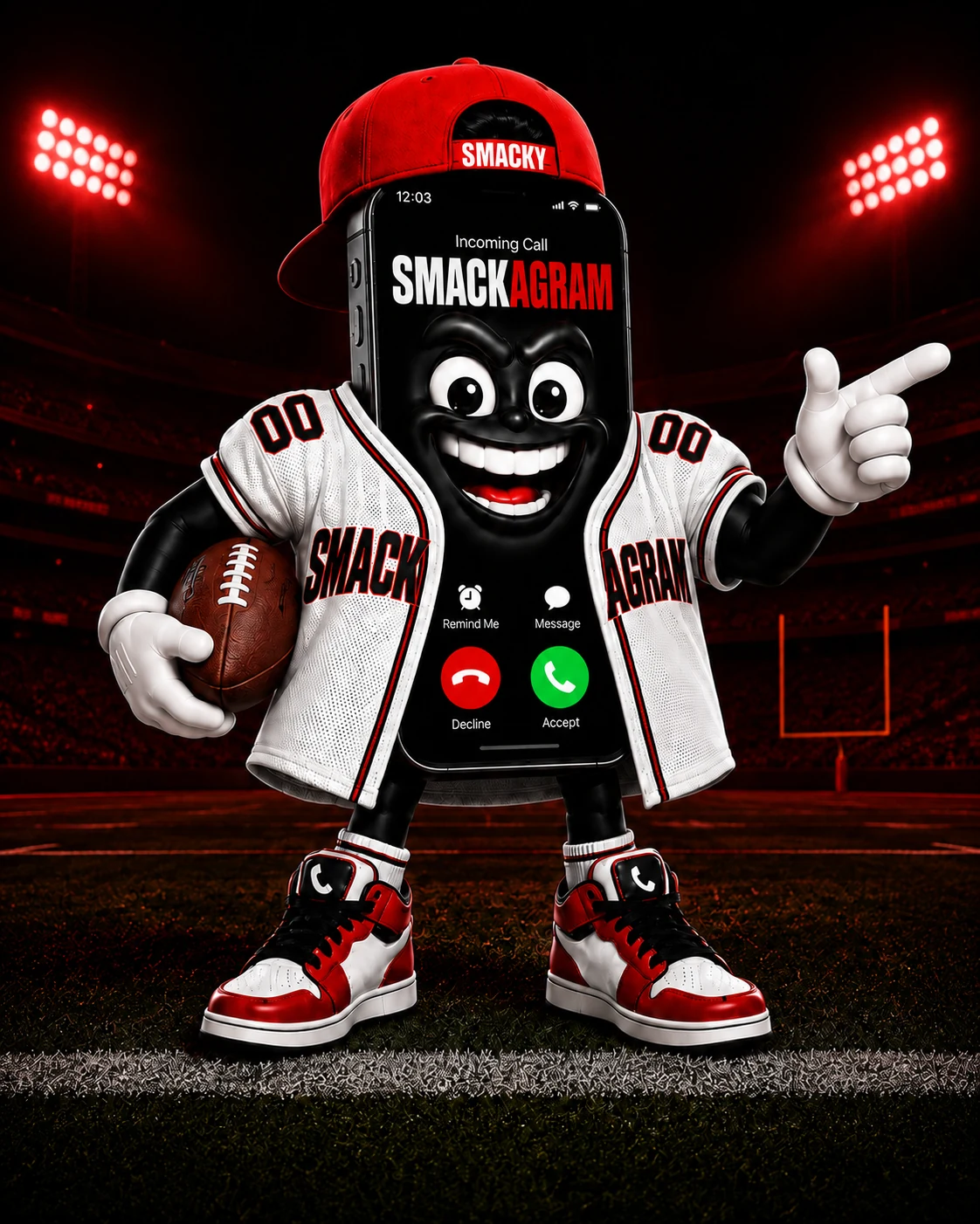Smacky, the host of SmackCast - a phone-headed mascot in a Smackagram jersey and red cap, holding a football