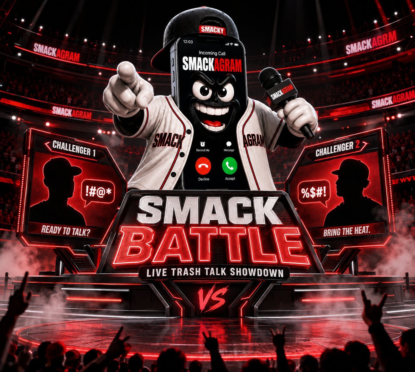 Smack Battle: Smacky at the desk between two challengers